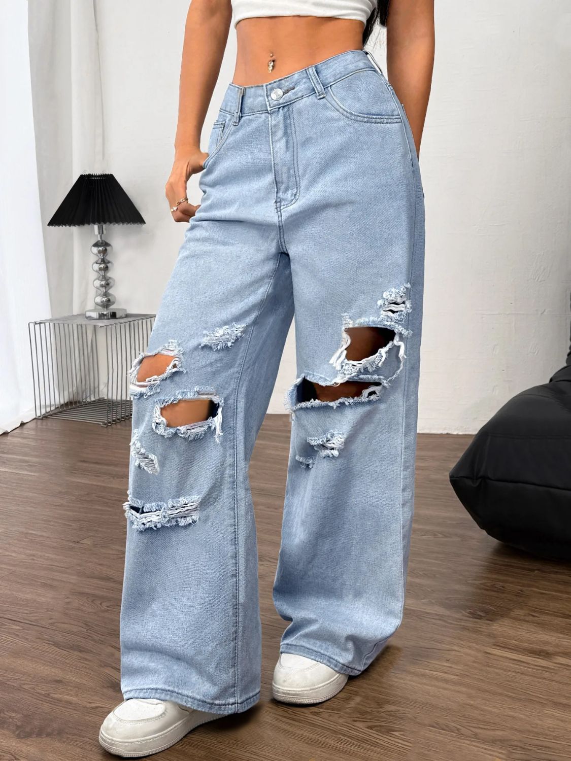 Distressed Wide Leg Jeans with Pockets - Little Miss Vanilla