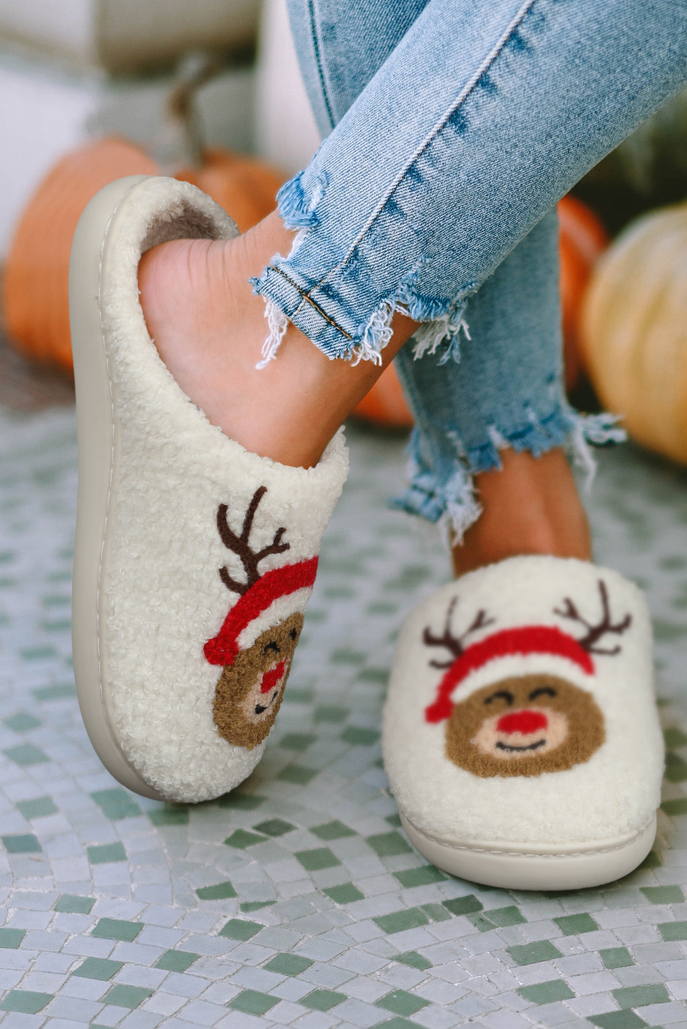 White Christmas Deer Home Indoor Plush Slippers - Little Miss Vanilla