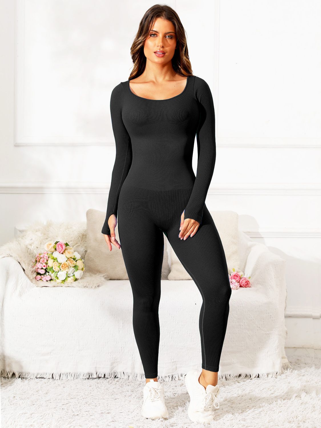 Scoop Neck Long Sleeve Active Jumpsuit - Little Miss Vanilla