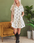 Beige Cute Bowknot Printed Bubble Sleeve V Neck Mini Dress - Little Miss Vanilla