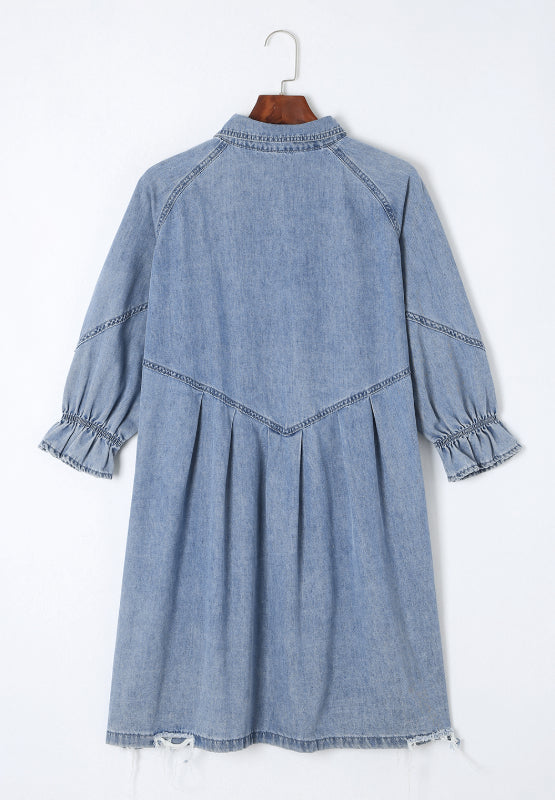 Distressed Collared Neck Flounce Sleeve Denim Dress - Little Miss Vanilla