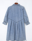 Distressed Collared Neck Flounce Sleeve Denim Dress - Little Miss Vanilla