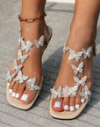 New Butterfly Rhinestone Sandals Summer Square Toe Flat Shoes For Women