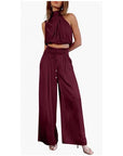 Summer Suits Casual Sleeveless Midriff-baring Top And Wide Leg Pants 2pcs Set Womens Clothing