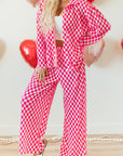 Pink Checkered Buttoned Shirt and High Waist Pants Pajama Set - Little Miss Vanilla