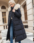 Winter Slim Long Jacket With Fur Hood And Belt Fashion Solid Hooded Coat Warm Clothing For Women