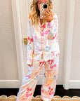 White Bow Knot Print Lapel Collar Wide Leg Satin Pajama Set - Little Miss Vanilla