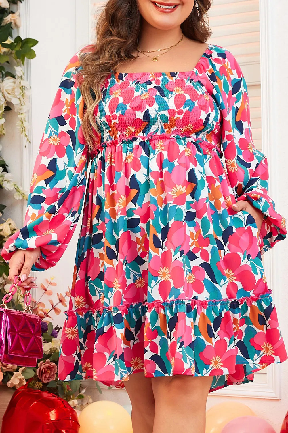 Plus Size Smocked Floral Square Neck Balloon Sleeve Dress - Little Miss Vanilla