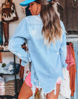 Beau Blue Mineral Wash Distressed Frayed Long Denim Jacket - Little Miss Vanilla