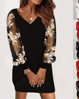 Long-sleeved V-neck Dress Spring And Autumn New Style Lace Splicing Dress For Womens Clothing