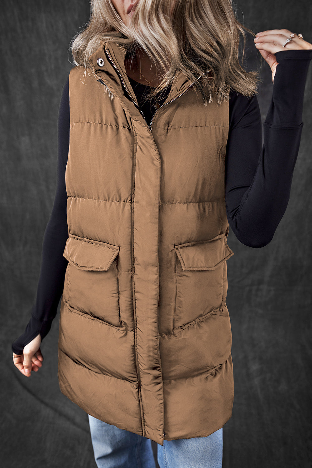 Coffee Windproof Longline Full Zipper Puffer Vest with Pockets - Little Miss Vanilla