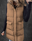 Coffee Windproof Longline Full Zipper Puffer Vest with Pockets - Little Miss Vanilla