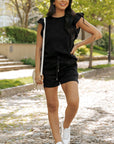 Black Textured Ruffled Sleeve Tee and Drawstring Shorts Set