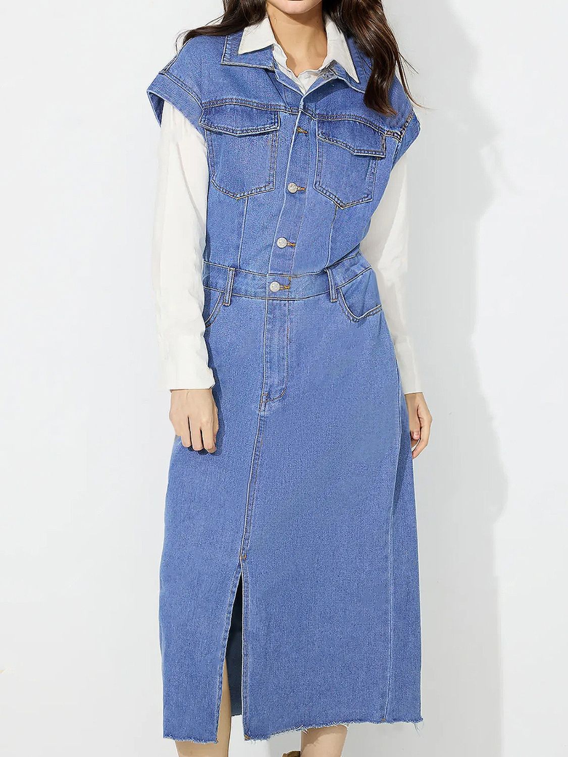 Slit Half Button Collared Neck Cap Sleeve Denim Dress - Little Miss Vanilla