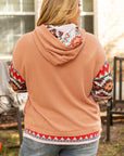 Plus Size Drawstring Geometric Long Sleeve Hoodie - Little Miss Vanilla