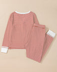 Red Stripe Buttoned V Neck Top and Knotted Waist Pants Lounge Set - Little Miss Vanilla