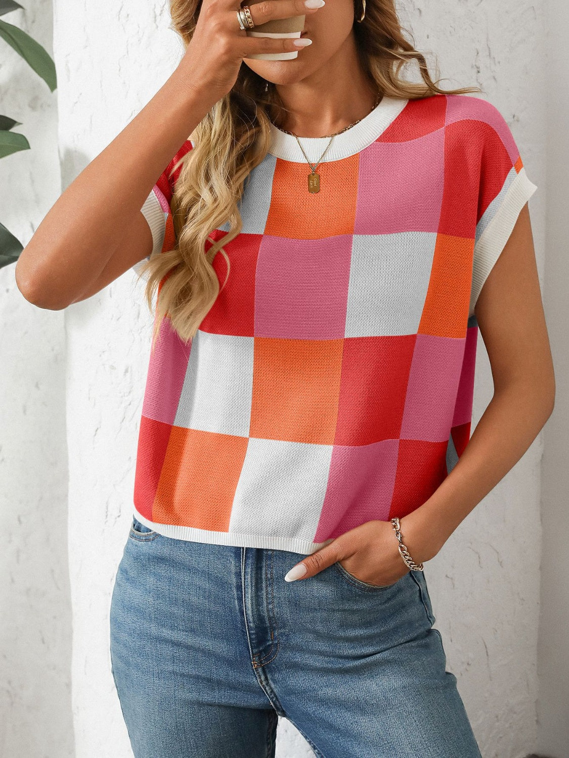 Mandy Checkered Round Neck Cap Sleeve Knit Top - Little Miss Vanilla