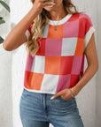 Mandy Checkered Round Neck Cap Sleeve Knit Top - Little Miss Vanilla