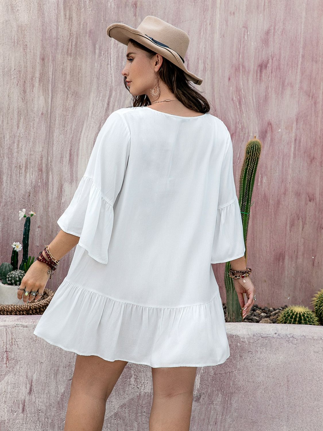 Plus Size Lace Detail Tie Neck Three-Quarter Sleeve Mini Dress - Little Miss Vanilla