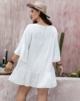 Plus Size Lace Detail Tie Neck Three-Quarter Sleeve Mini Dress - Little Miss Vanilla