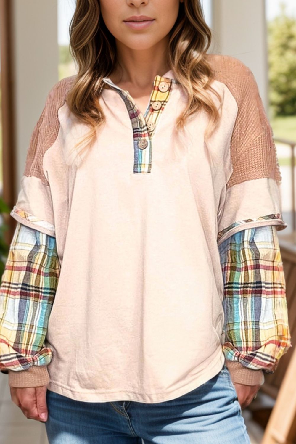 Plus Size Waffle-Knit Detail Plaid Round Neck Top - Little Miss Vanilla