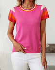 Mandy Contrast Round Neck Short Sleeve Knit Top - Little Miss Vanilla