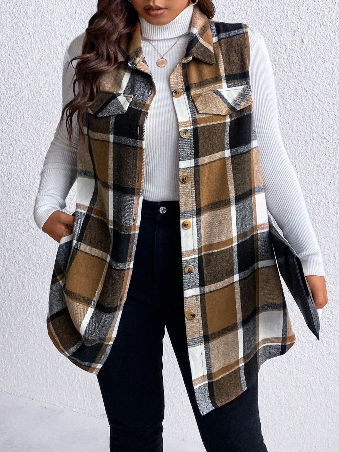 Honey Plus Size Pocketed Plaid Button Up Vest Coat - Little Miss Vanilla