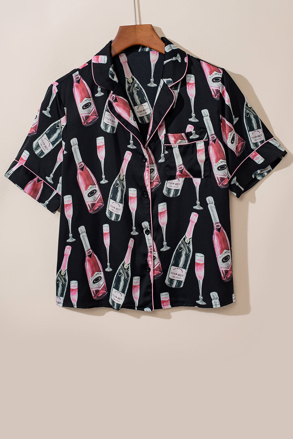 Black Champagne Print Silky Short Sleeve Pajamas Set - Little Miss Vanilla