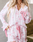 Pink Satin Bow Bell Sleeve Shirt and Ruffled Shorts Pajama Set