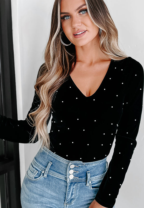 Pearl Detail Velvet V-Neck Long Sleeve Bodysuit - Little Miss Vanilla