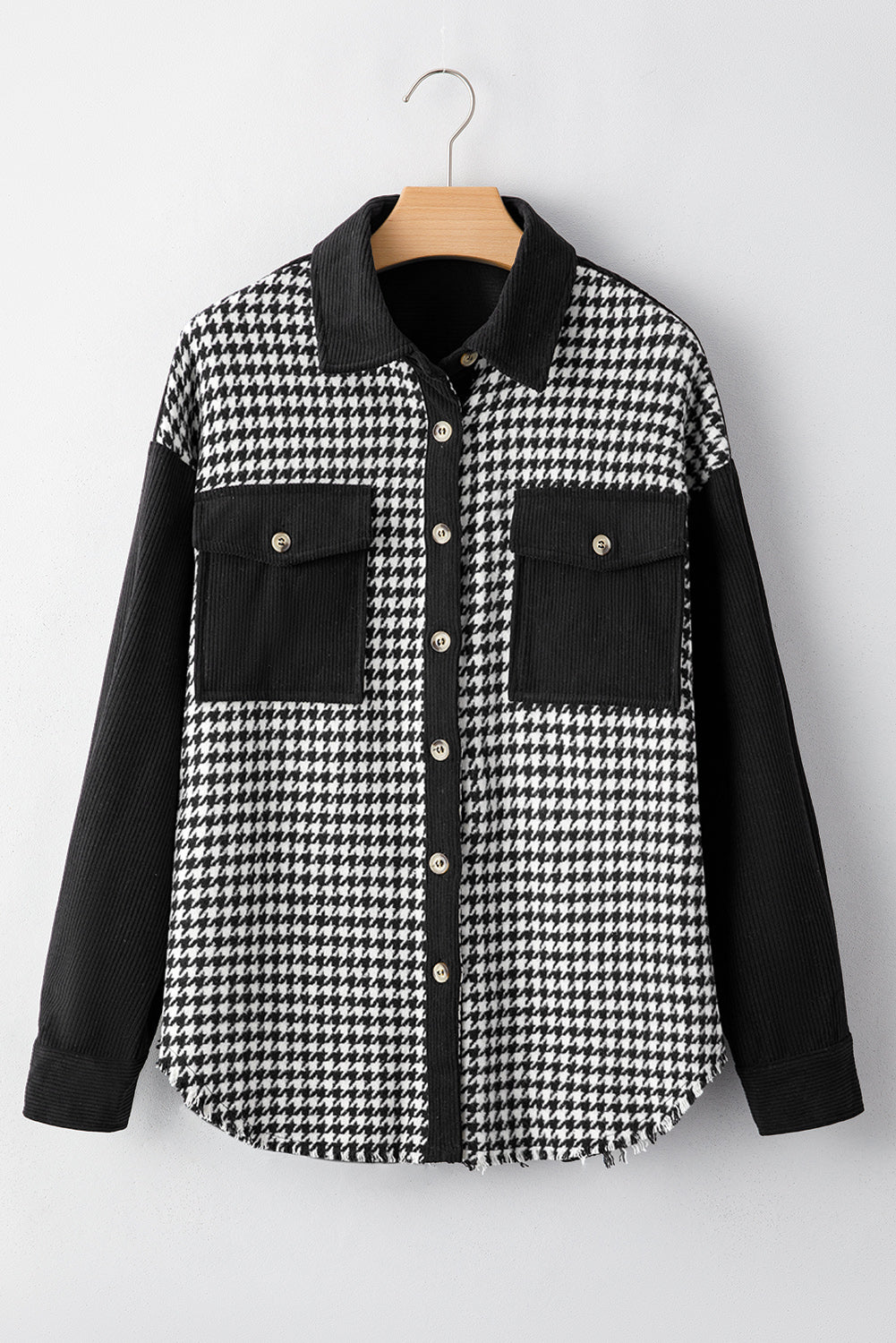 Black Houndstooth Corduroy Patchwork Flap Pocket Shacket - Little Miss Vanilla