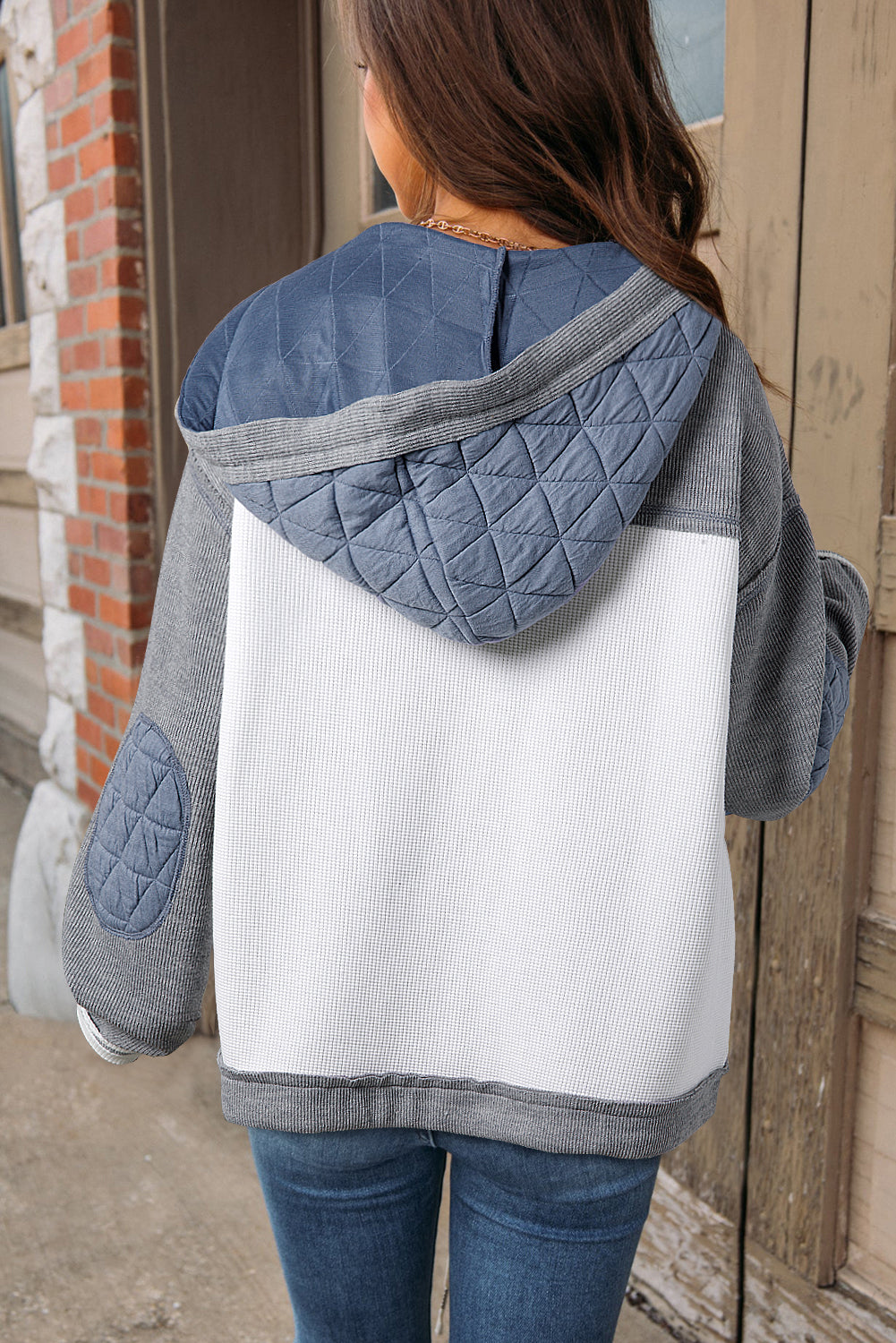 Light Blue Quilted Textured Patchwork Loose Fit Hooded Jacket - Little Miss Vanilla