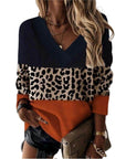 V-neck Leopard Print Splicing Long Sleeve Sweatshirt Tops