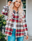 Fiery Red Geometric Plaid Print Pocketed Shacket