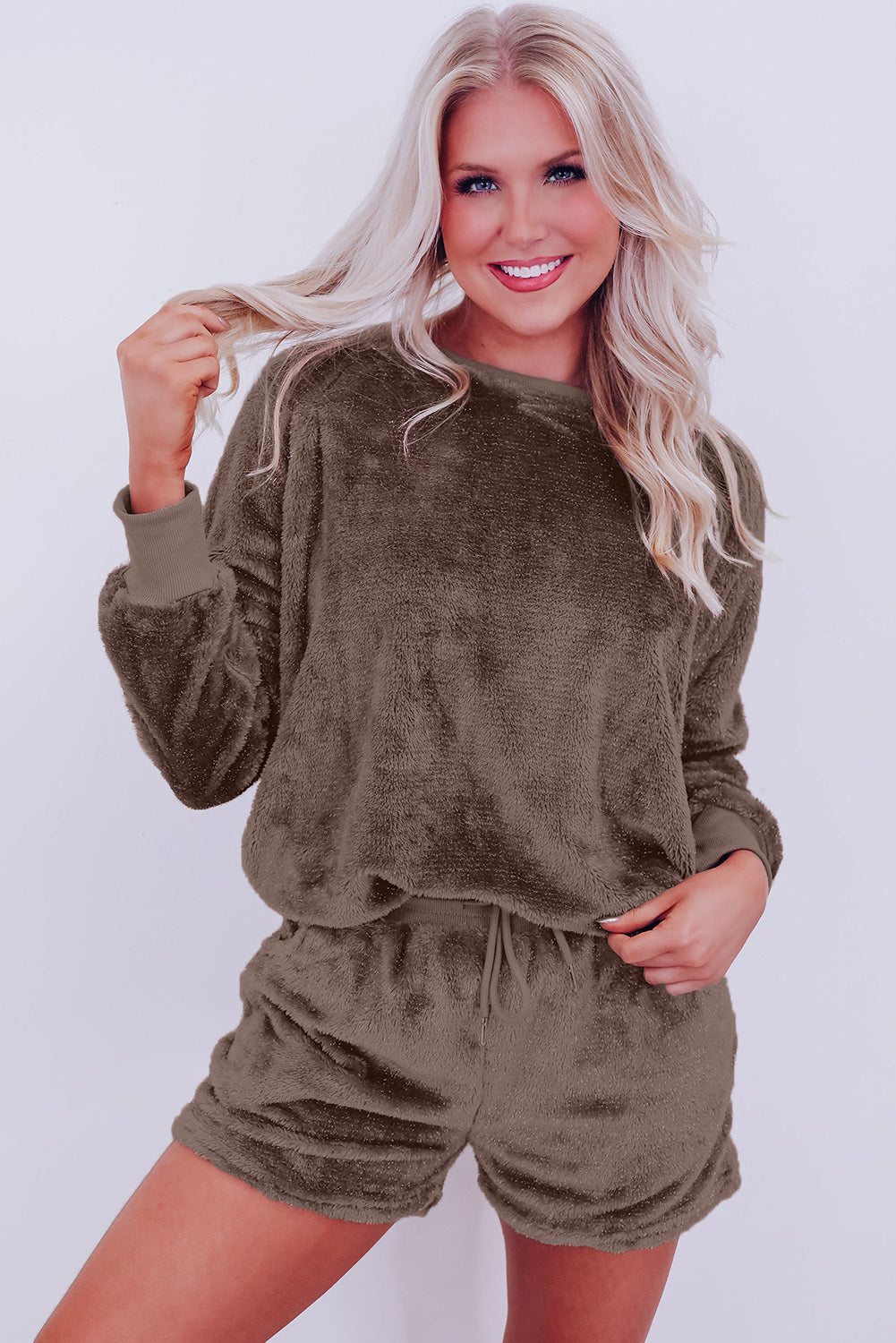 Coffee Solid Loose Fit Two Piece Fleece Lounge Set - Little Miss Vanilla