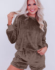 Coffee Solid Loose Fit Two Piece Fleece Lounge Set - Little Miss Vanilla