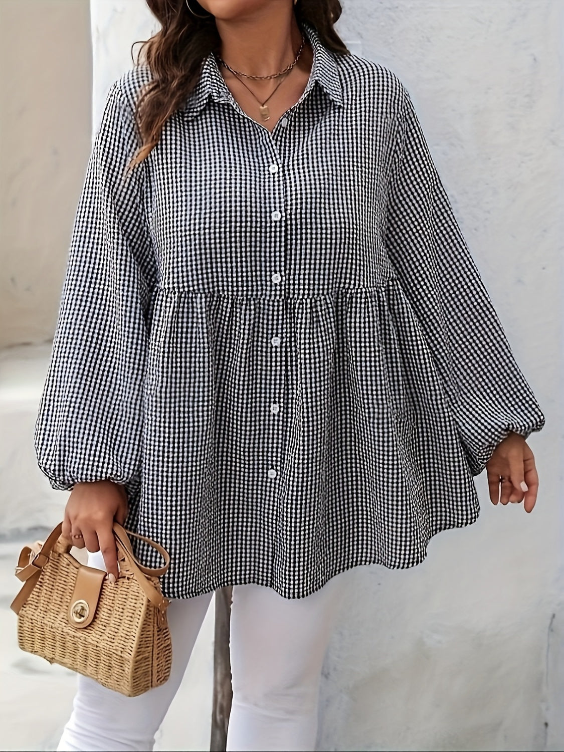 Plus Size Plaid Collared Neck Long Sleeve Shirt - Little Miss Vanilla