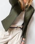 Sage Green Solid Faux Leather Zipper Slim Fit Bomber Jacket