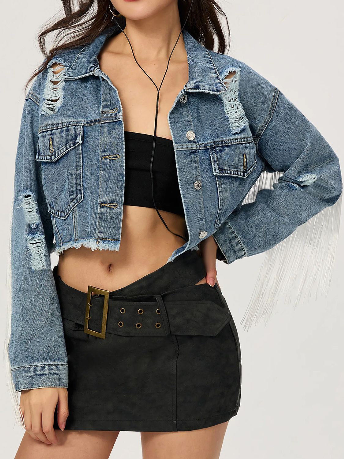 Distressed Fringe Collared Neck Cropped Denim Top - Little Miss Vanilla