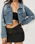 Distressed Fringe Collared Neck Cropped Denim Top - Little Miss Vanilla