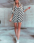 Black Checkerboard Print V Neck Loose Tee and Shorts Lounge Set - Little Miss Vanilla