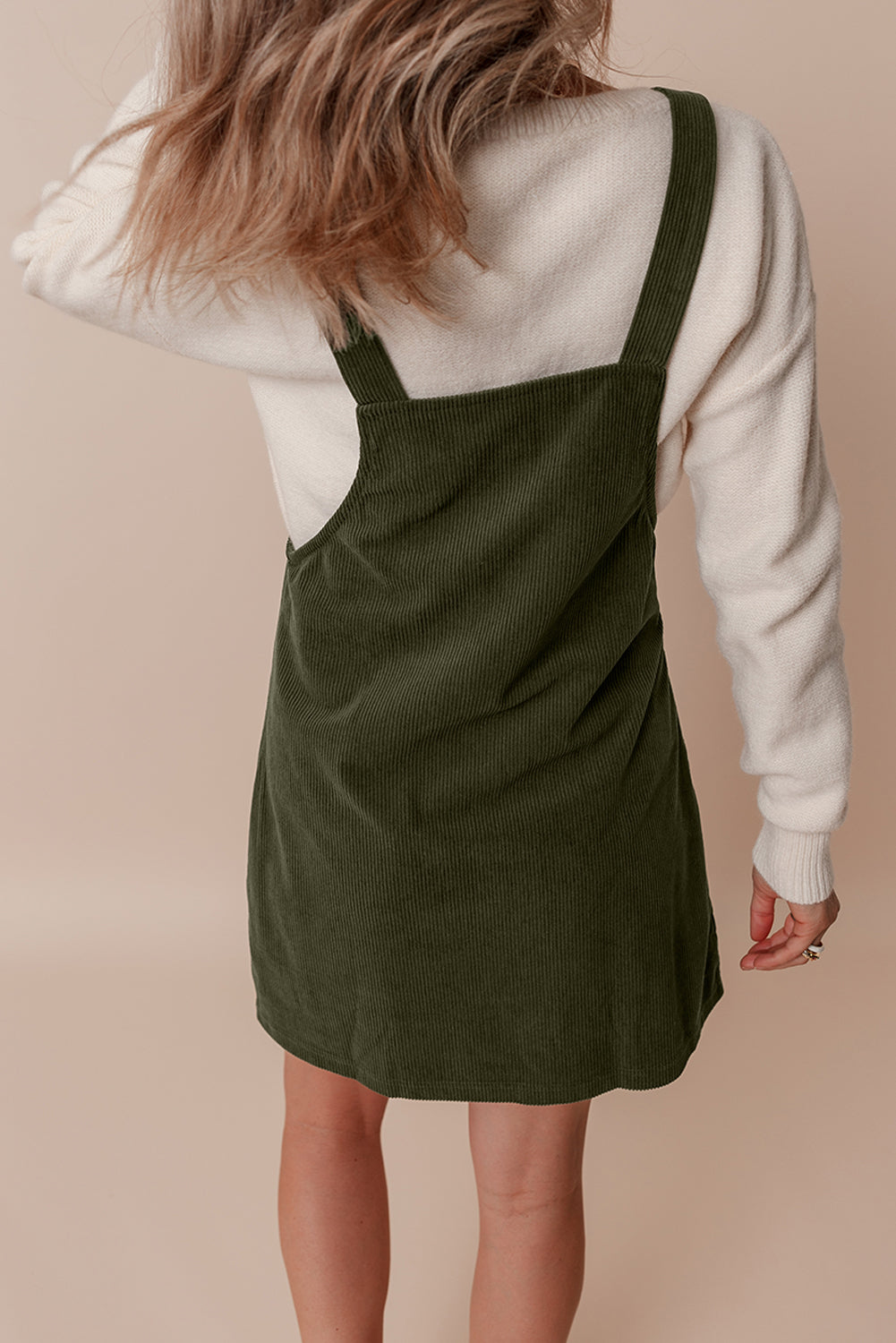 Vineyard Green Solid Front Pockets Sleeveless Corduroy Overall Dress - Little Miss Vanilla