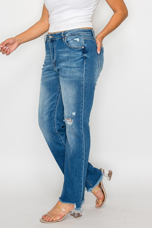 bytos Full Size Raw Hem Distressed Mid Rise Straight Jeans - Little Miss Vanilla