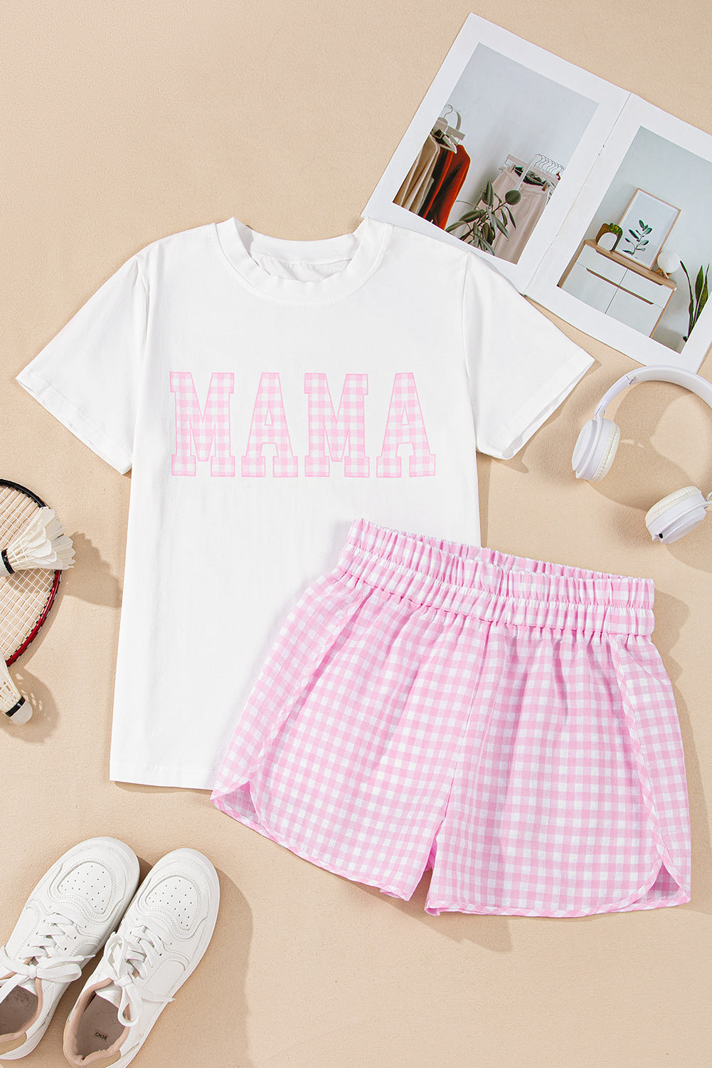 White MAMA Printed Tee and Plaid Shorts Lounge Set - Little Miss Vanilla