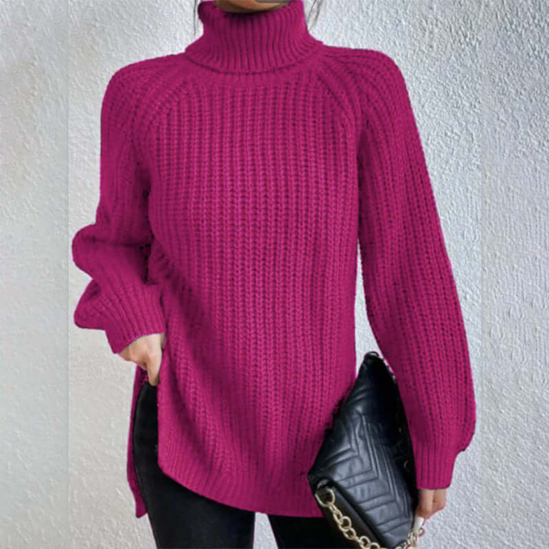 Turtleneck Pullover Sweater With Split Design Fashion Simple Solid Color Long Sleeve Tops Women&#39;s Clothing