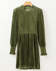 Moss Green Frilled Neck Smocked Bodice Velvet Dress - Little Miss Vanilla