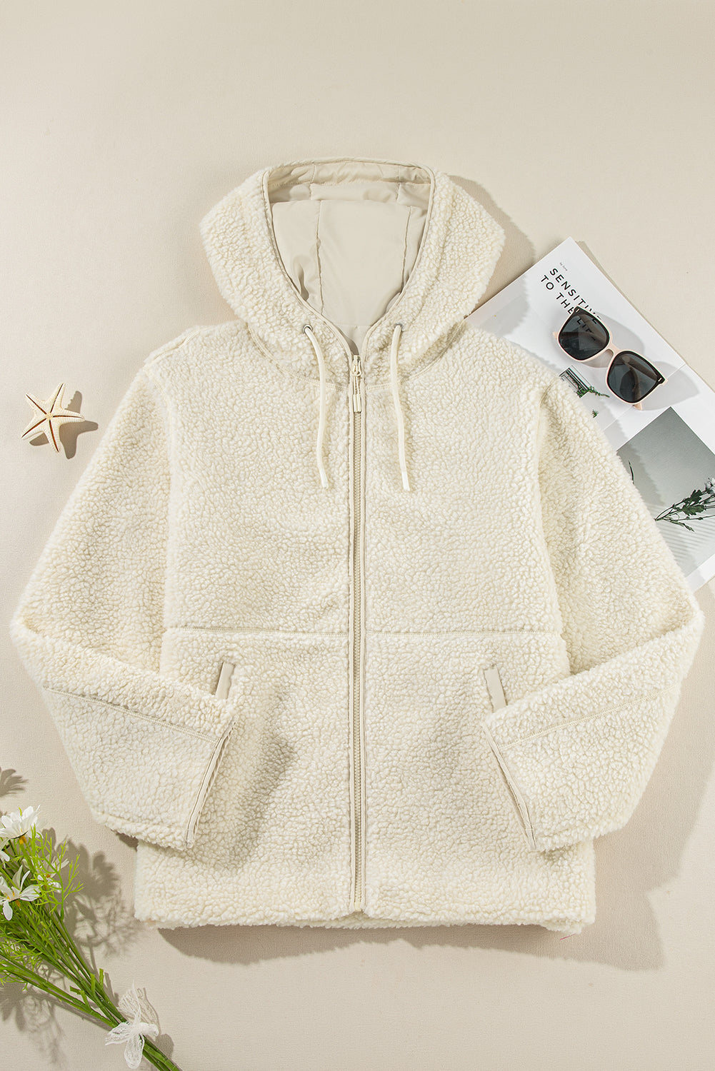 Beige Fleece Zip Up Drawstring Hooded Pocketed Jacket - Little Miss Vanilla