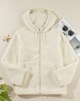 Beige Fleece Zip Up Drawstring Hooded Pocketed Jacket - Little Miss Vanilla