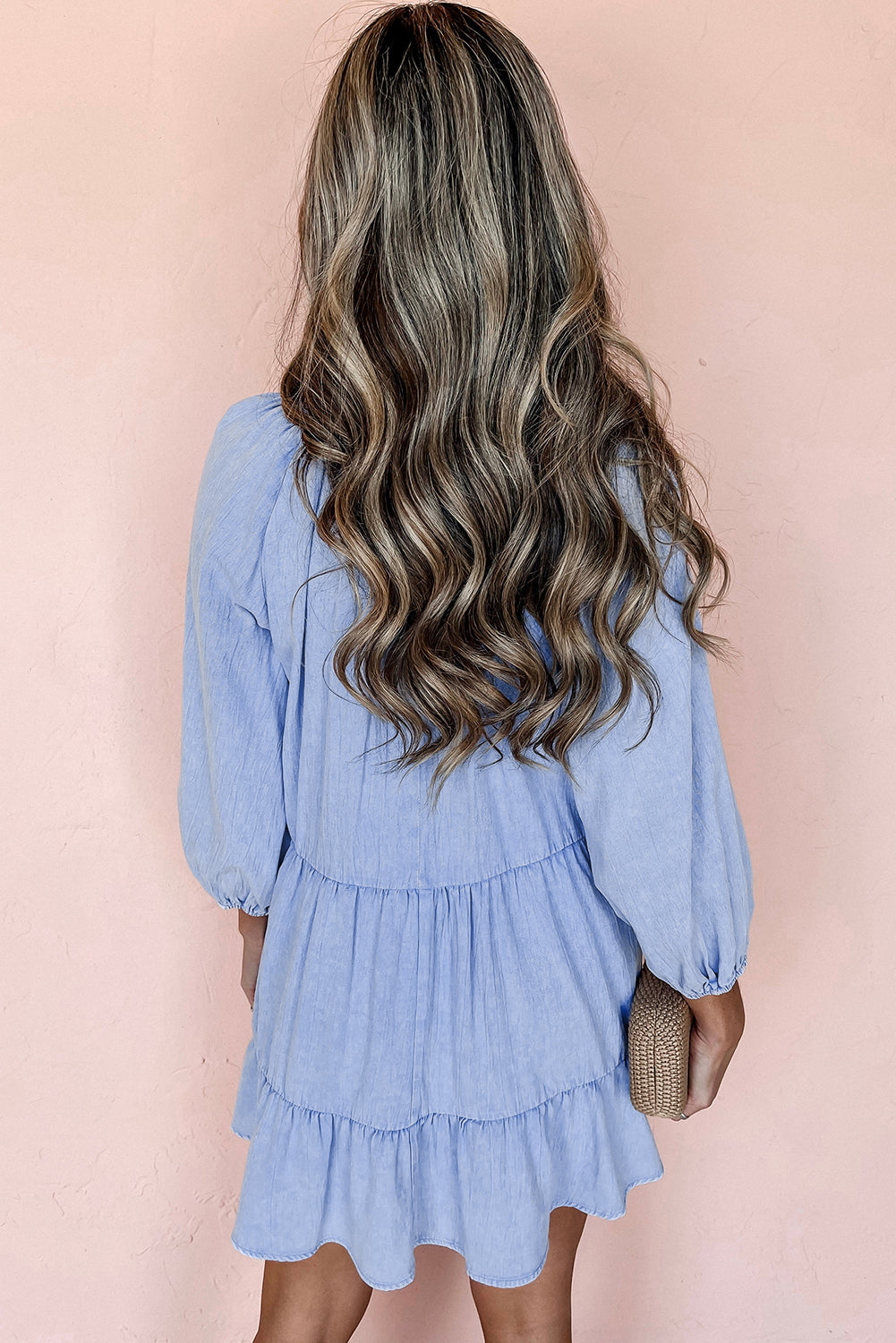 Beau Blue Puff Sleeve V Neck Tiered Ruffled Chambray Mini Dress - Little Miss Vanilla