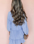 Beau Blue Puff Sleeve V Neck Tiered Ruffled Chambray Mini Dress - Little Miss Vanilla